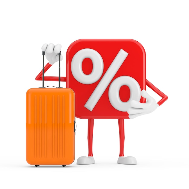 Vente ou remise Signe de pourcentage Mascotte de personnage de personne avec valise de voyage orange sur fond blanc Rendu 3d