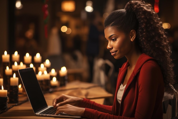 Les ventes de Noël d'une belle jeune femme noire planifiant ses achats par ordinateur portable IA générative