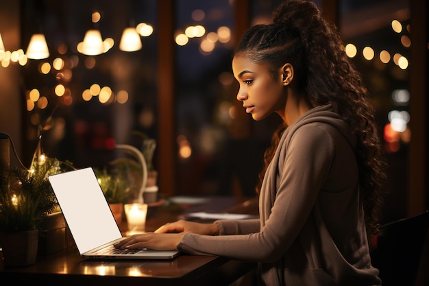 Les ventes de Noël d'une belle jeune femme noire planifiant ses achats par ordinateur portable IA générative