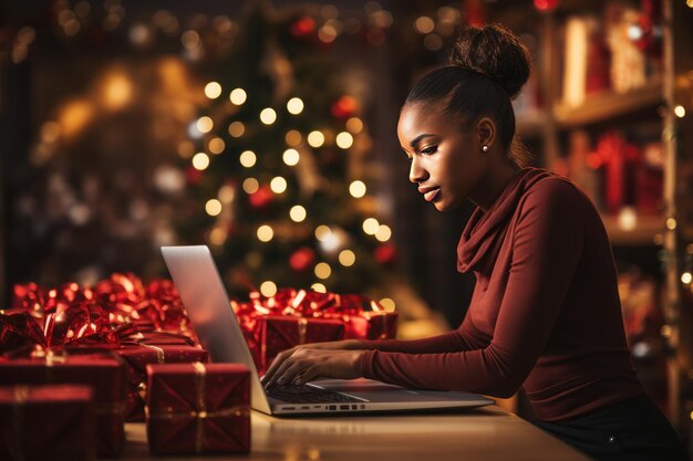 Les ventes de Noël d'une belle jeune femme noire planifiant ses achats par ordinateur portable IA générative