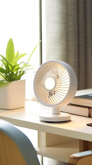 Photo un ventilateur blanc est sur un bureau à côté d'une planteproduit de petit ventilateur portable rechargeable en été conforta