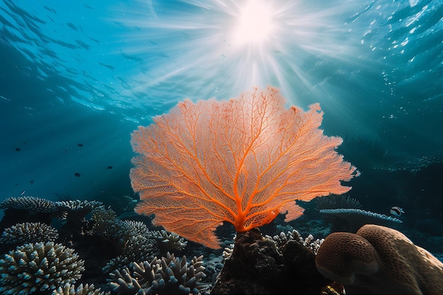 Photo ventilateur de corail orange sur le récif de corail