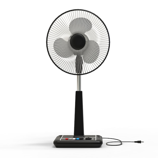 Ventilateur électrique noir. Modèle tridimensionnel sur une surface blanche. Ventilateur avec boutons de commande sur le support. Un appareil simple pour la ventilation de l'air