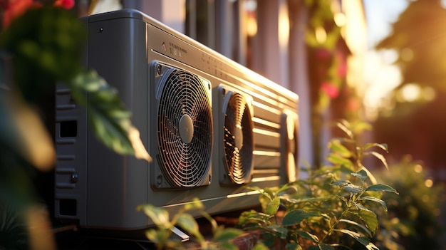 Un ventilateur est assis devant une fenêtre avec le mot " power " dessus.