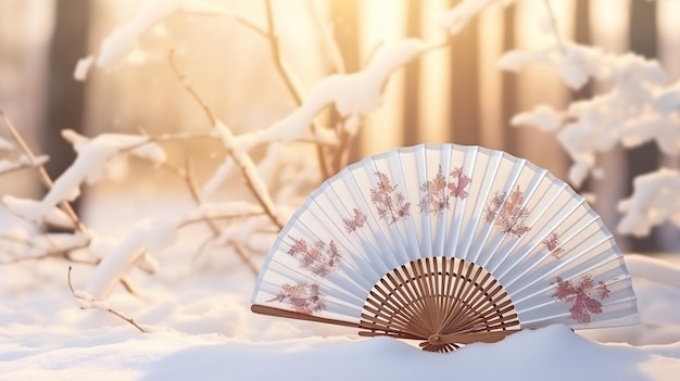 Un ventilateur japonais traditionnel avec un paysage hivernal enneigé en arrière-plan généré par l'IA
