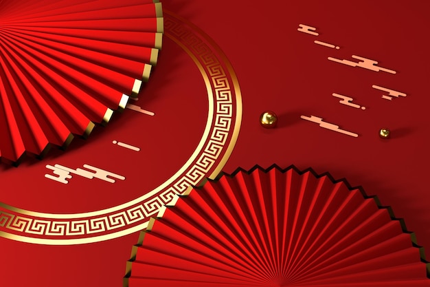 Ventilateur de style chinois rouge décoration traditionnelle rendu 3d