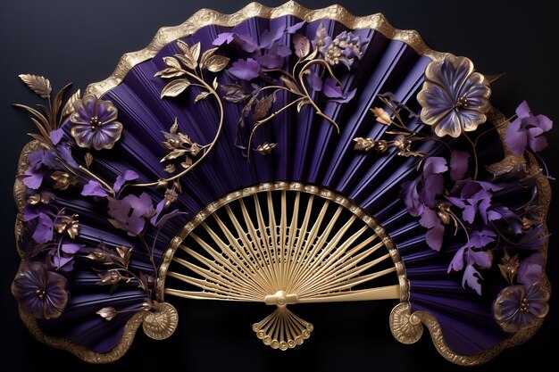 un ventilateur violet et or avec des fleurs sur le côté