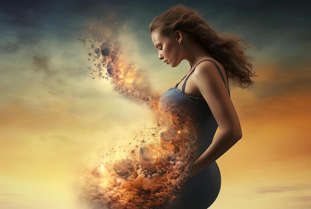 le ventre d'une femme enceinte avec différents paysages devant dans le style de l'art écologique