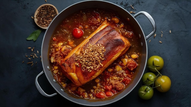 Photo ventre de porc dans une casserole avec des graines de poivre, des tomates et des épices