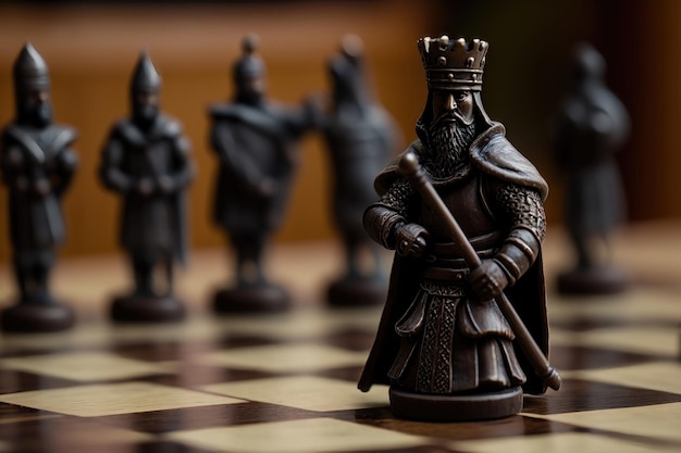 Évêque noir contre des figures d'échecs en arrière-plan échiquier close up AI Generation