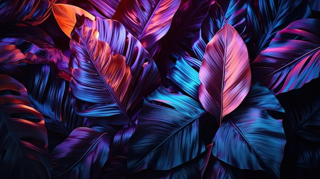 verdure de feuilles tropicales avec des feuilles colorées sur fond noir