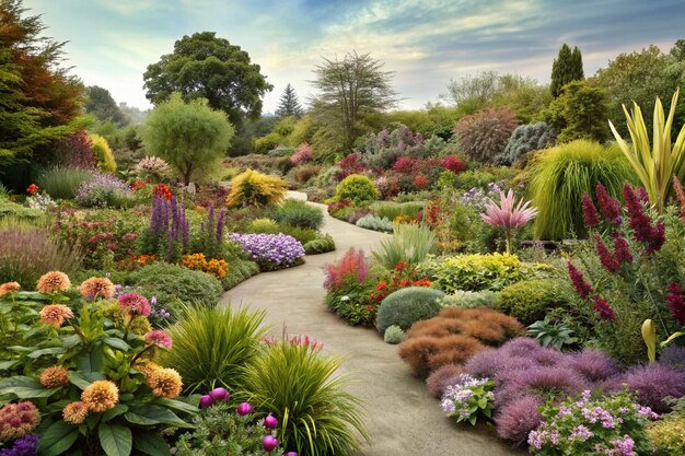 une verdure luxuriante et des fleurs vibrantes d'un jardin botanique