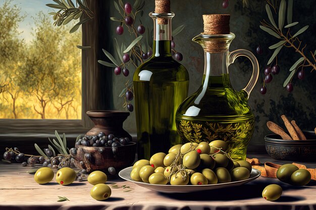 Verger d'oliviers nature morte aux olives vertes et à l'huile sur une table