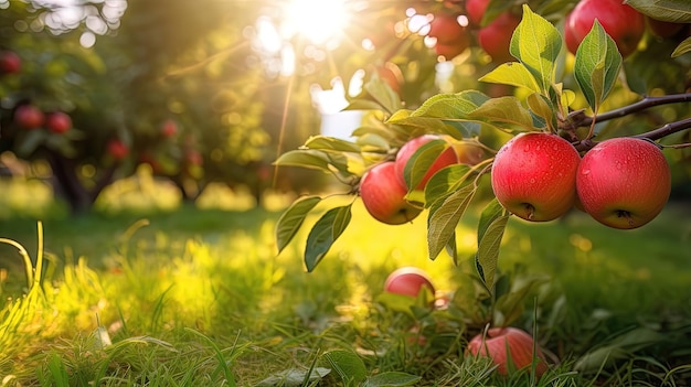 Verger de pommiers journée ensoleillée récolte de pommes génération AI