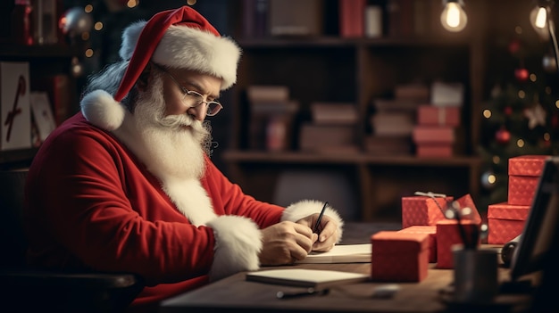 Le véritable Père Noël travaille sur une table l'intérieur de la maison en prévision de Noël et du Nouvel An