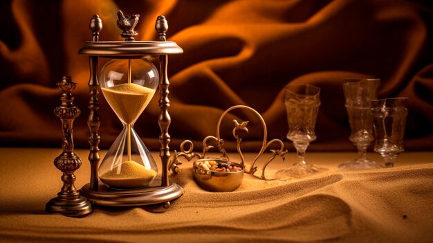 Un véritable sablier, une horloge à l'ancienne et du sable doré Generative AI