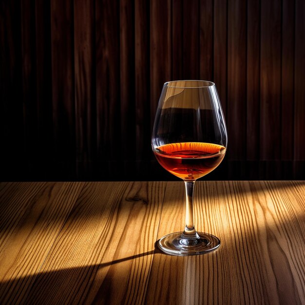 un verre d'alcool est posé sur une table en bois.