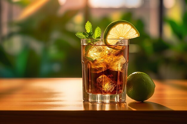 Verre d'alcool avec de la glace et des citrons verts sur une table