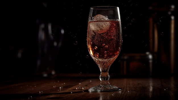 Un verre d'alcool avec des glaçons au fond et un fond noir