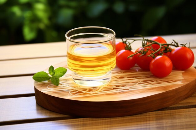 Photo un verre d'alcool avec une tomate et une petite tomate