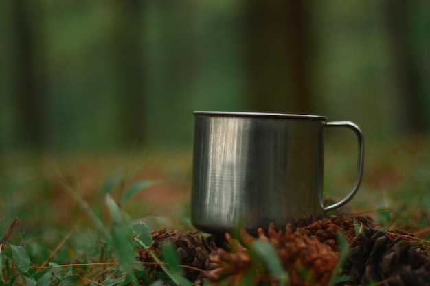 Verre d'aluminium dans une forêt de pins