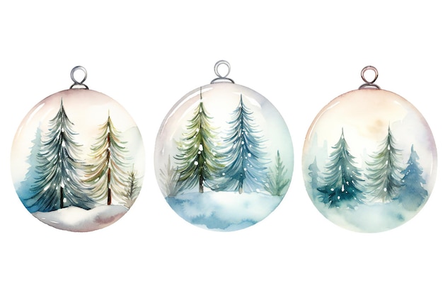 Photo verre aquarelle boules de noël clip-art avec un paysage d'hiver doux et des sapins à l'intérieur