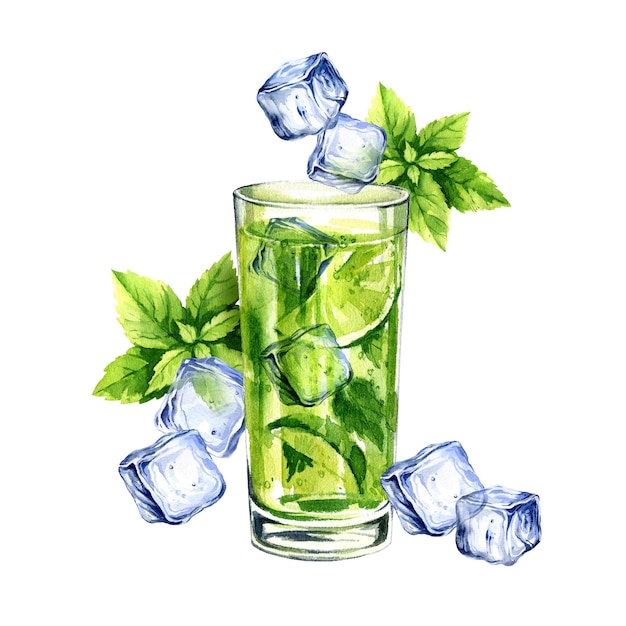 verre d'aquarelle de cocktail de mojito avec des feuilles fraîches de menthe cubes de glace bleu composition d'été de boisson rafraîchissante illustration dessin à la main d'une boisson froide fond blanc pour le menu
