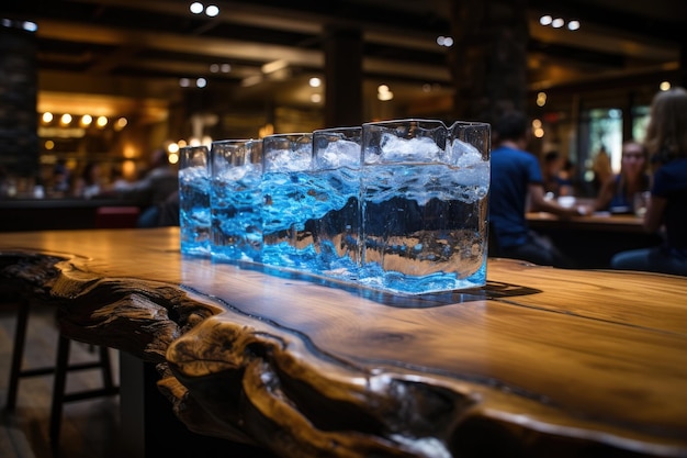 Le verre sur le bar en bois se remplit au fur et à mesure que l'eau y coule.