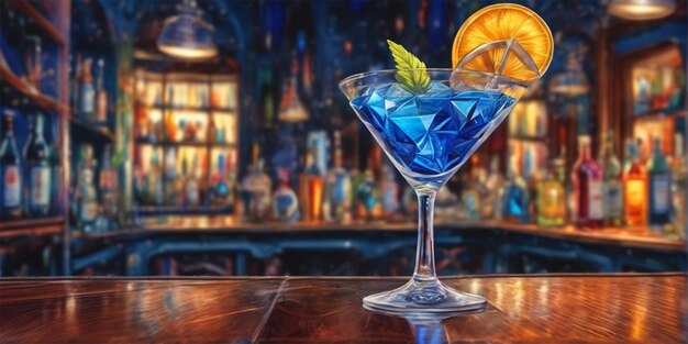 Un verre avec un beau cocktail de différentes nuances de bleu comme s'il y avait de l'espace