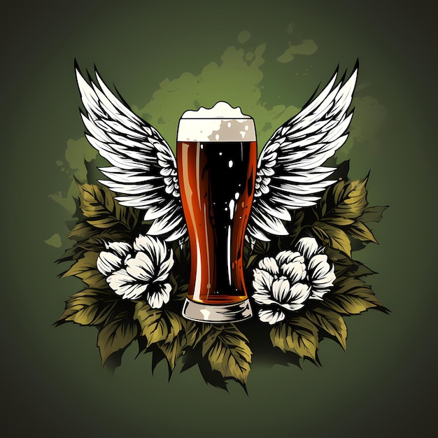Verre de bière avec ailes et fleurs sur fond vert IA générative