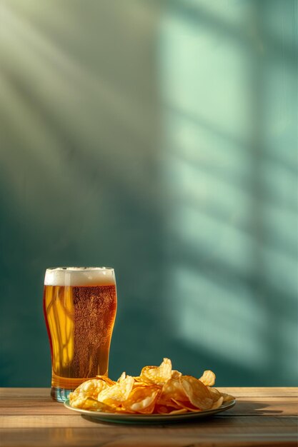 Un verre de bière et une assiette de chips assis sur une table en bois