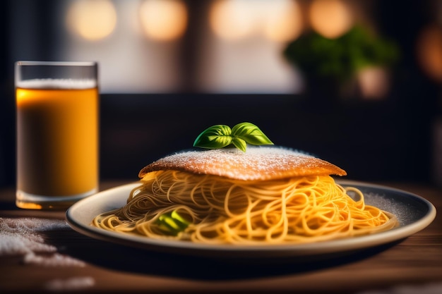 Un verre de bière et une assiette de spaghettis avec une tranche de tomate sur le dessus.