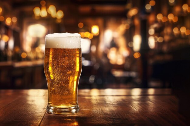 Un verre de bière assis sur une table en bois