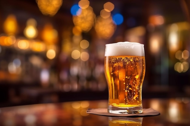 Un verre de bière sur un bar avec un arrière-plan flou