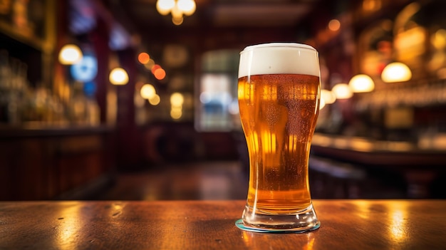 un verre de bière avec de la bière pleine dans un pub