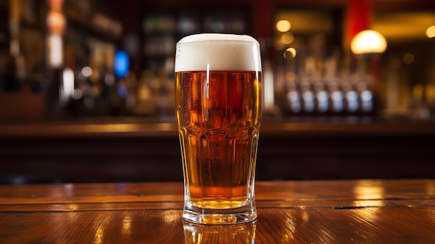 un verre de bière avec de la bière pleine dans un pub
