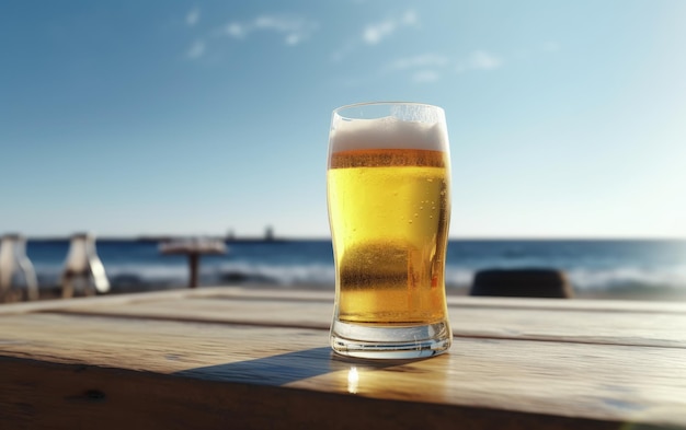 Un verre de bière blonde sur une table sur un fond de bar de plage d'été illustration de bière légère générée par ai
