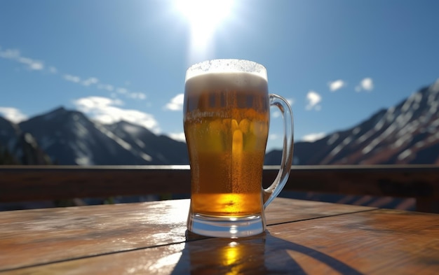 Un verre de bière blonde sur une table sur un fond de montagne illustration de bière légère fraîche générée par ai