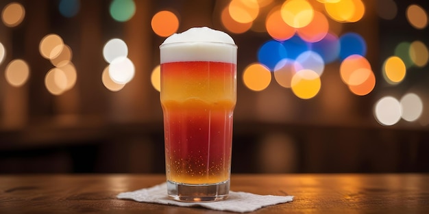 un verre de bière avec une boisson colorée sur une table