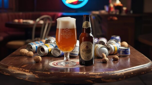 Photo un verre de bière et une bouteille sur un brun