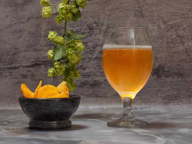 Verre de bière avec une branche de houblon et un bol avec des croustilles sur fond gris.