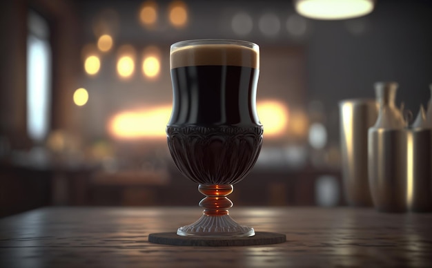 Un verre de bière brune sur un comptoir de bar. Fond de pub. ai généré