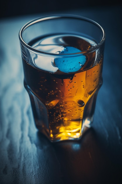 Un verre de bière avec une bulle bleue flottant dessus