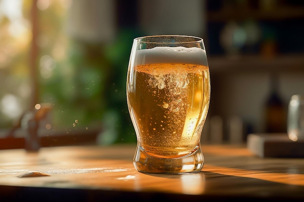 Un verre de bière avec des bulles sur une table