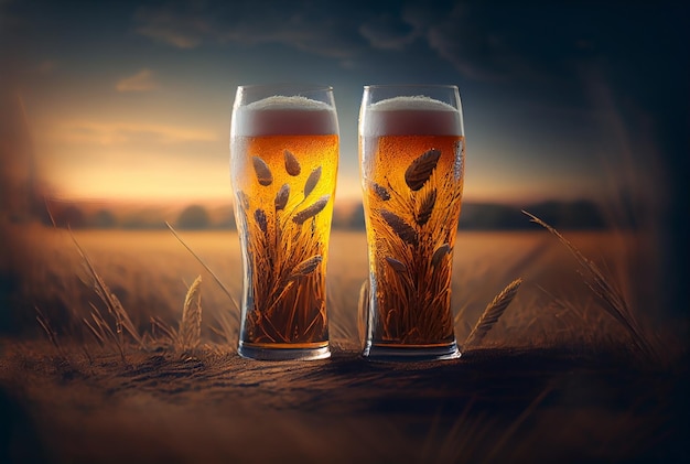 Verre de bière avec des champs d'orge sur fond au coucher du soleil Generative AI