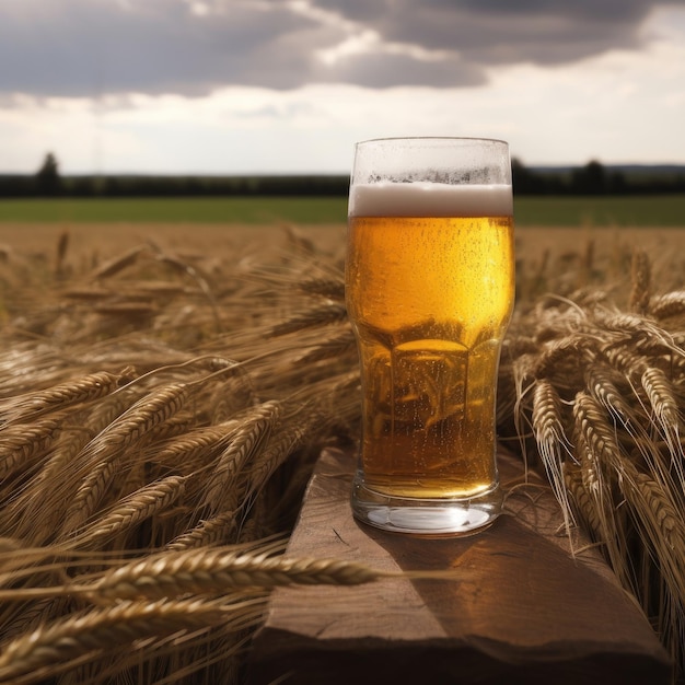 Verre de bière avec des champs d'orge IA générative