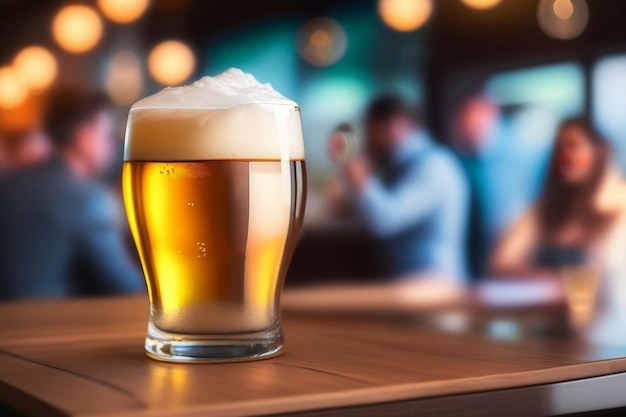 Un verre de bière sur un comptoir de bar avec un arrière-plan flou.