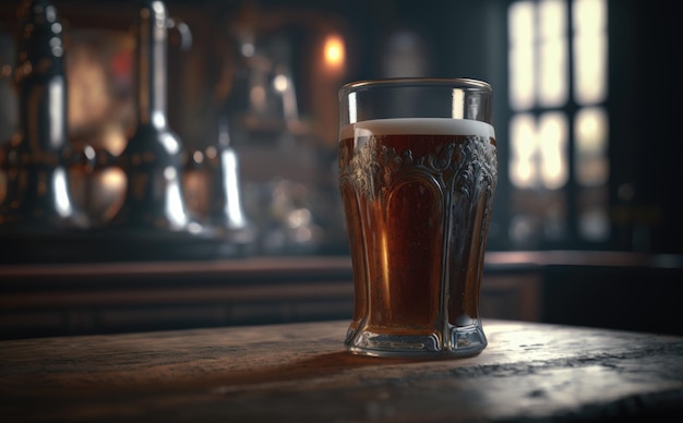 Un verre de bière sur un comptoir de bar. Fond de pub. ai généré