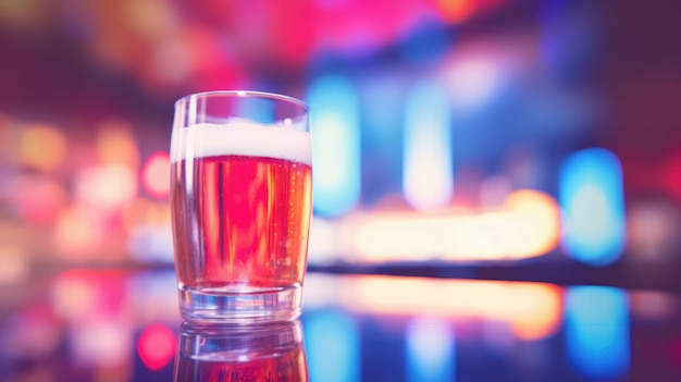 Un verre de bière sur le comptoir du bar sur un fond flou de lumières au néon