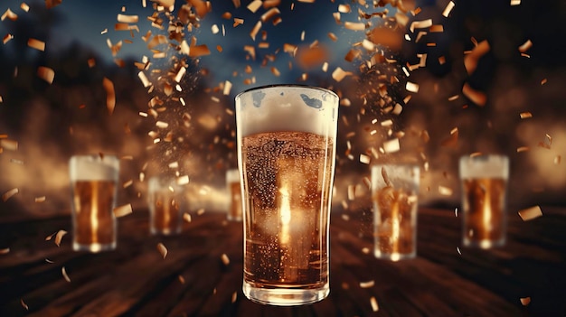 un verre de bière avec des confettis sur le dessus